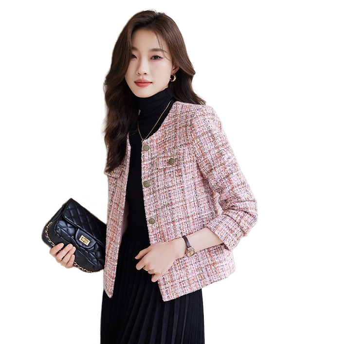셀럽당 코트 여 춘추풍 패션 루즈핏 숏 체크 트위드 탑M0207
