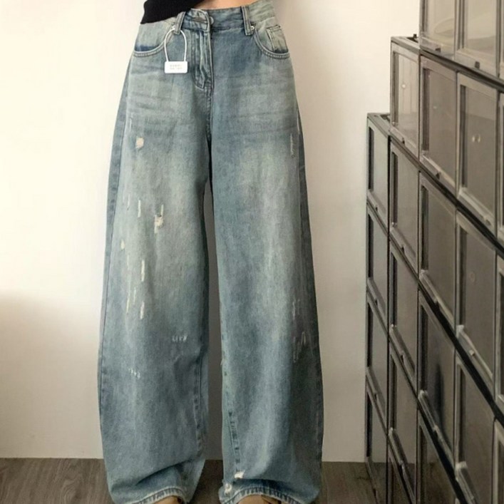 TIMEPURE 여성 빈티지 스트레이트 데님 팬츠 하이웨이스트 슬림 와이드