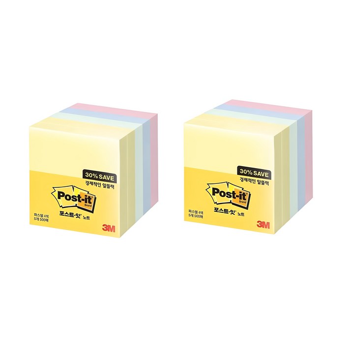 쓰리엠 알뜰팩 포스트잇 76 x 76 mm 6545A 500p, 노랑애플민트크림블루러블리핑크, 2개