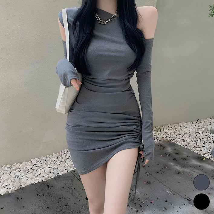 비비에모 슬림 셔링 언발란스 숄더 긴팔 미니 원피스 07144