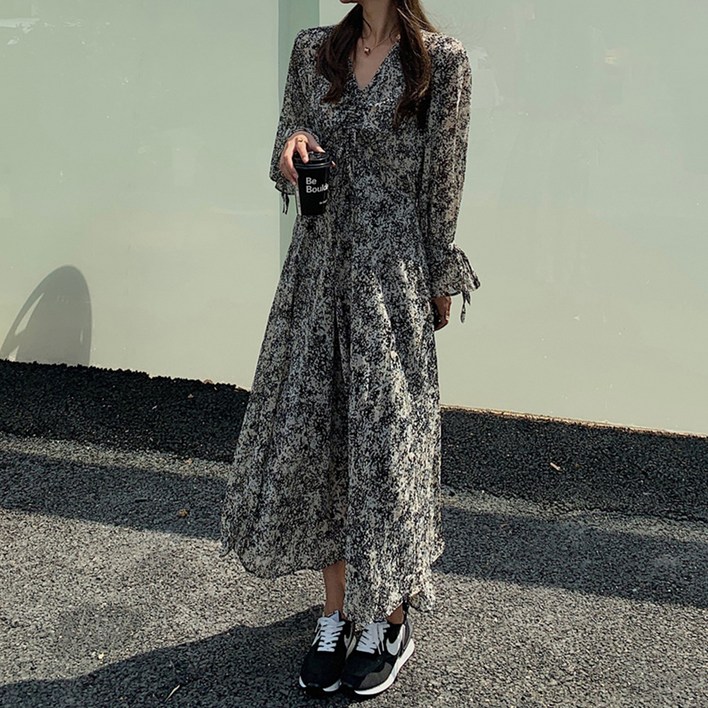 페이퍼먼츠 루즈핏 브이넥 셔링 쉬폰 롱 원피스 10237 빅사이즈 포함