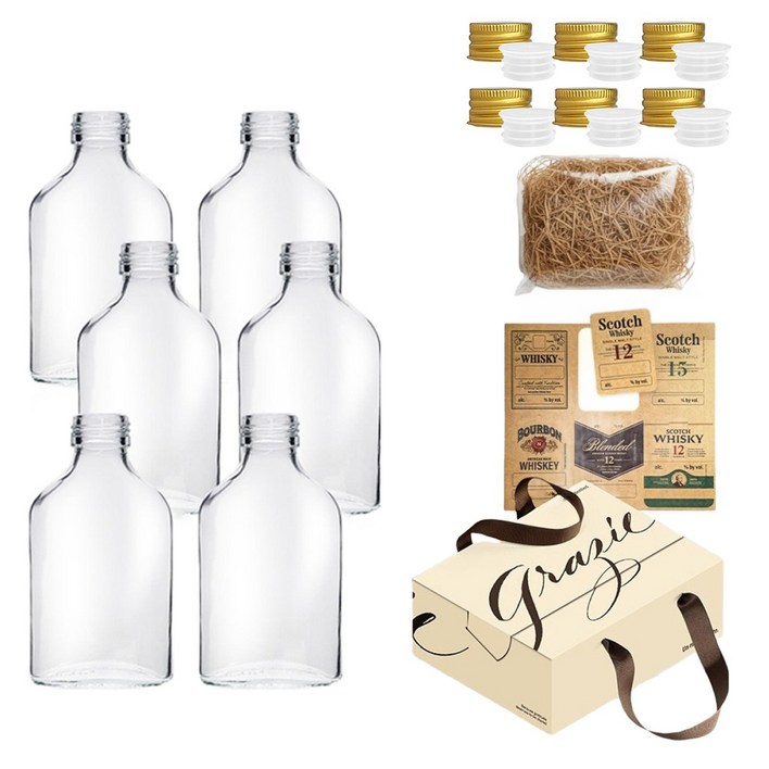 미르코리아 위스키 키트 바이알 미니사각 유리병 100ml x 6p  골드 캡 6p  선물박스  속마개 6p  스티커  스타핑 랜덤발송 세트