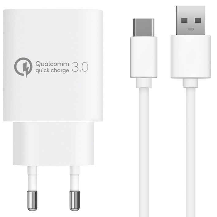 홈플래닛 퀄컴 공식인증 QC 3.0 18W 고속충전기 + C타입 케이블 1.2m 세트, 화이트, 1개