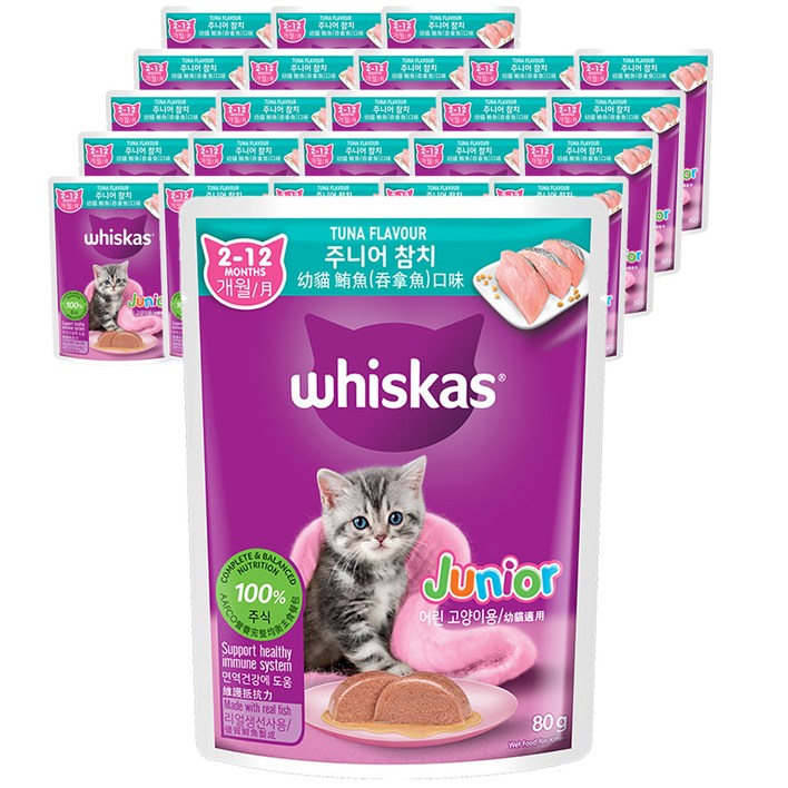 위스카스 고양이 주식 파우치 주니어 참치, 생선, 80g, 24개 위스카스 고양이 주식 파우치 주니어 참치, 생선, 80g, 24개
