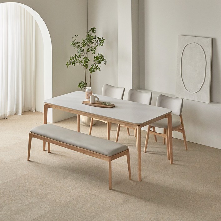 파로마 리샤르 세라믹 원목식탁 1800 6인용  A리샤르 의자 3p  벤치 세트 방문설치, 화이트상판  내추럴원목, 일반 3  벤치 1