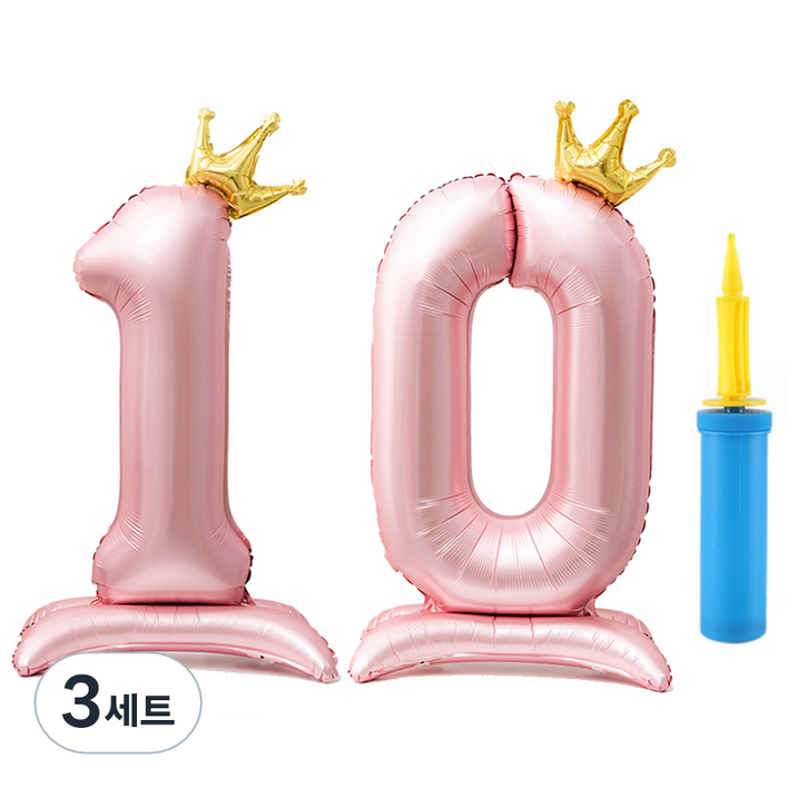 올리브파티 대형 스탠딩 왕관 핑크 숫자 생일풍선 + 손펌프 세트 숫자10, 혼합색상, 3세트
