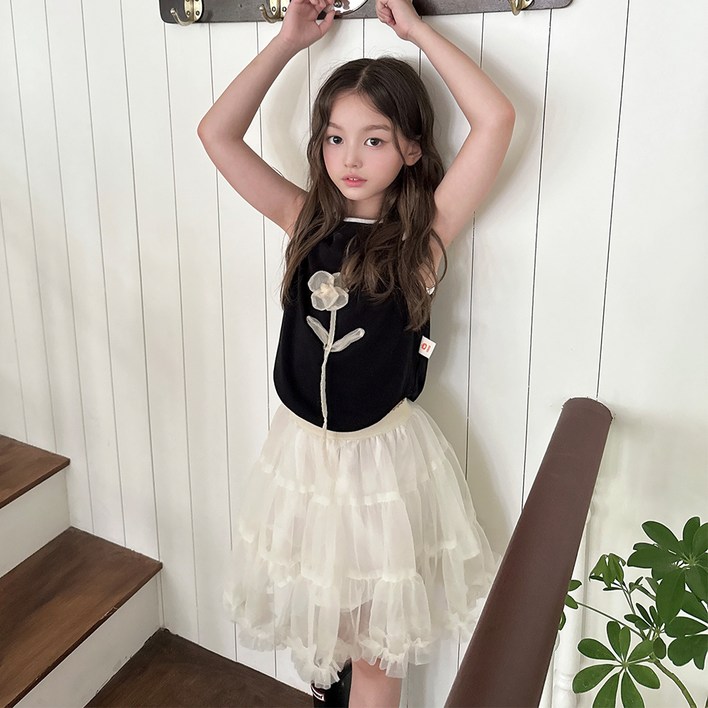에이비프 여아용 레이스 꽃 민소매 티셔츠 캉캉 레이스 프릴 스커트 세트