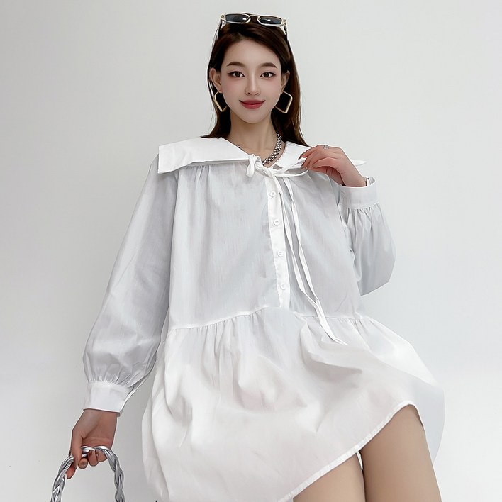 더시럽 여성용 와이트 칼라 리본 타이 미디 원피스