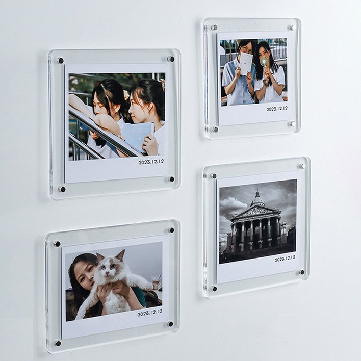 마벨인홈 고급 라운딩 모서리 투명 아크릴 자석 액자, 화이트, 4개