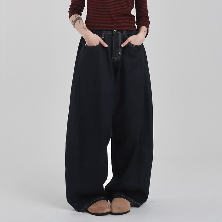 수비진 여성용 롱/숏 기장 생지 사이드핀턱 와이드 청바지