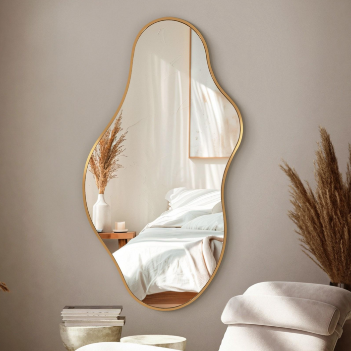 Fahomiss 비정형 깨지지 않는 유리 거울 인테리어 벽 거울 현관 안전 거울, 골드