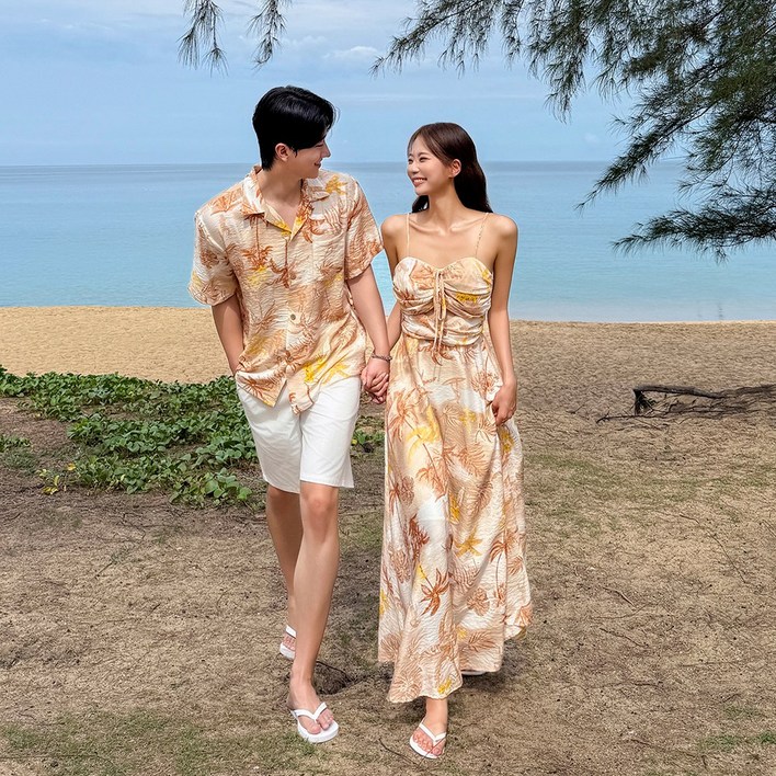 [44~77] 푸꾸옥 썬셋 휴양지 커플룩 신혼여행 여성 여름 바캉스 허니문 하와이안 비치룩 시밀러룩 반팔셔츠 세트 휴가 여행용 베트남 해변옷