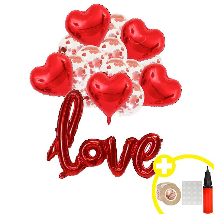 러블리 파티 love 하트 은박풍선 컨페티 혼합풍선 파티용품세트 인생샷 포토존 연출템 5옵션 에브리띵스마일 1228, 1세트, 레드 컨페티 풍선