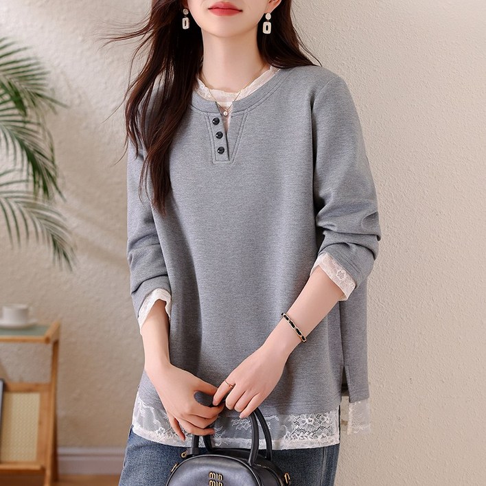 도희날다 2549 캐주얼 레이스 밑단 라운드넥 여성용 예쁜 티셔츠