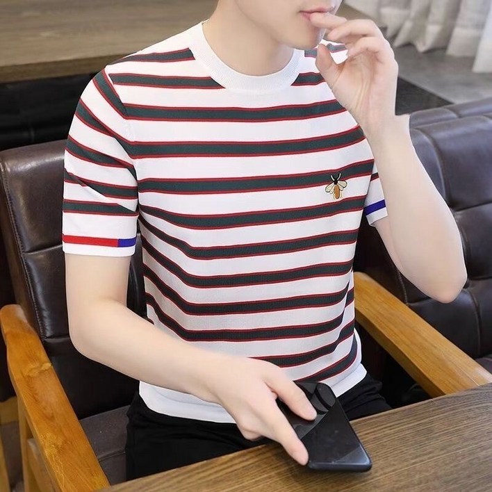 남성 여름 반팔 티셔츠, 검정 흰색 스트라이프 라운드넥 반팔 상의 슬림 베이직 티