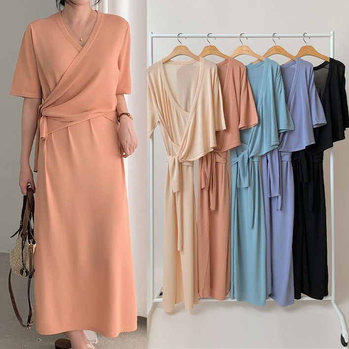 니트코어 여성 여름 루즈핏 빅사이즈 코지 랩 니트 원피스 랩스커트 만삭 임부복 임산부원피스 등하원룩 하객룩 하객원피스