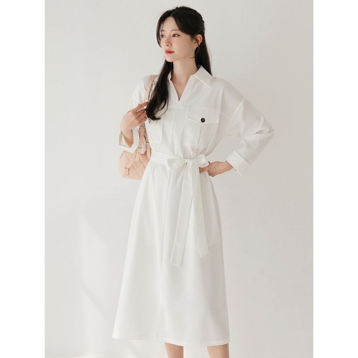 시크라인   XXL까지  드롭숄더 벨트 플레어 셔츠 원피스 봄 가을 하객룩 오피스룩 데이트 모임 미시 빅사이즈