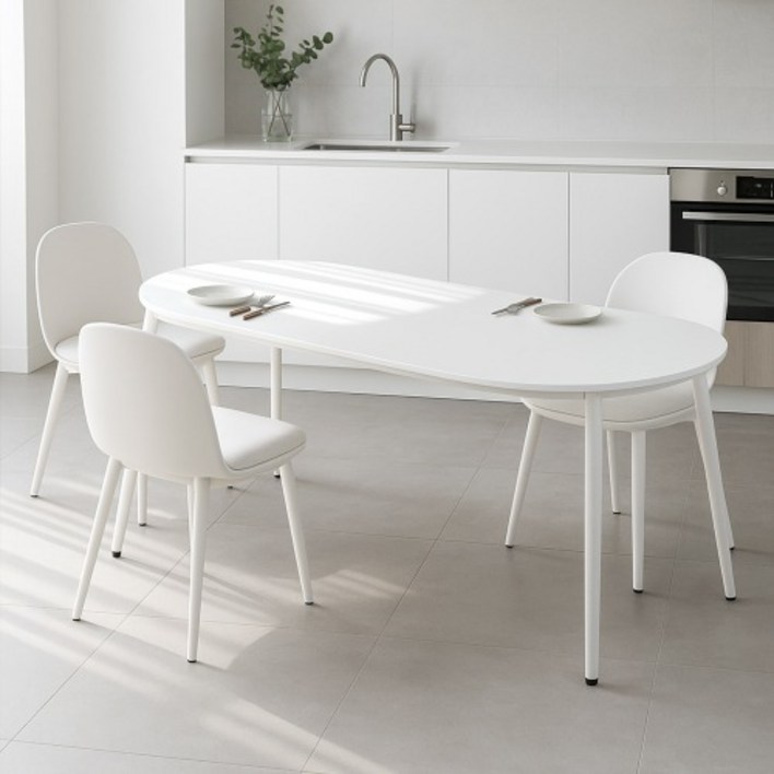플랫 화이트 타원 카페 테이블 다이닝 원룸 타원형 식탁, 4인용, 화이트타원형