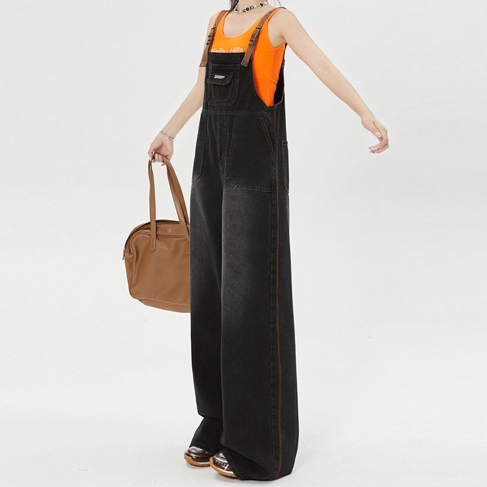 HA.M 여성 멜빵바지 루즈핏 데님 멜빵 점프수트 청바지 통바지