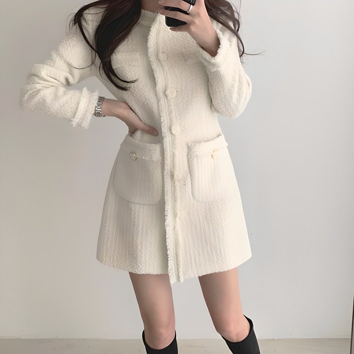 레티고 여성 트위드 롱 버튼 수술 원피스 자켓