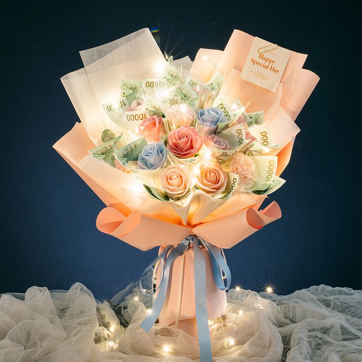 라솔트 LED 비누꽃 크리스탈 돈꽃다발쇼핑백LED전구, 1개, 핑크소다