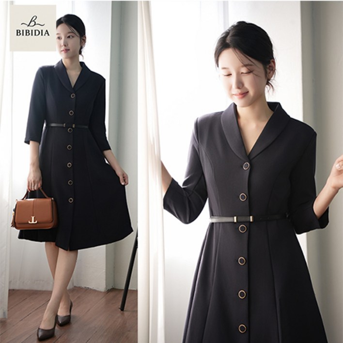 비비디아 여성 롱원피스 벨트 세트 버튼 원피스 단정한 하객룩 오피스룩 정장 원피스 5551