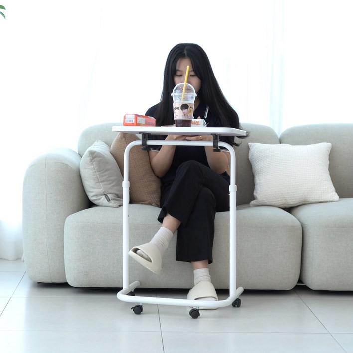 이동식 쇼파 사이드 테이블 높낮이 조절 보조테이블 각도조절 노트북 테이블 미니 원목 침대용 침대, 화이트
