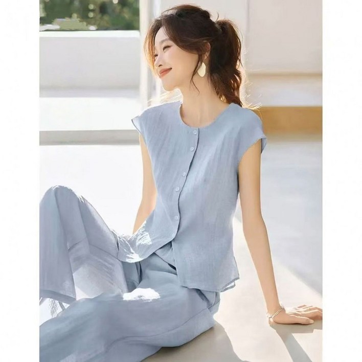 지고다그 여성용 여름용 민소매 셔츠 세트 하의 와이드팬츠 투피스 캐주얼 통기성 편한 코디룩 ZK6059