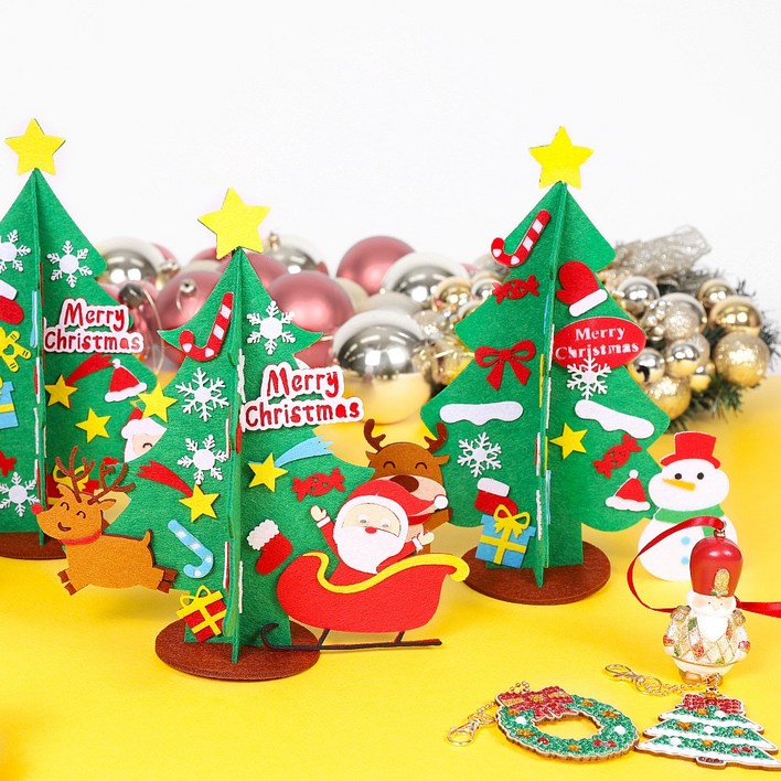 DIY 크리스마스 펠트 미니트리 만들기 꾸미기 붙이기 부직포 데코 소품 연말 어린이 수업