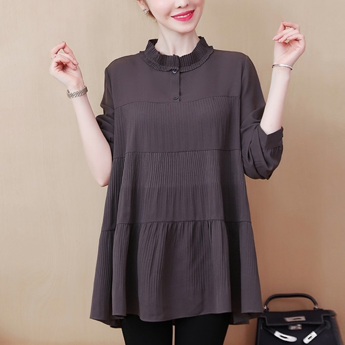 잇츠스타일 빅사이즈 XL5XL 스탠드 칼라 주름 셔츠 66 77 중년 큰언니 큰엄마 등원룩 마실룩