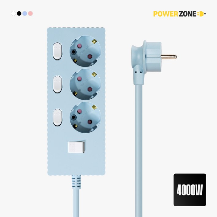 파워존 웨이브 고용량 개별스위치 멀티탭 과부하차단 3구 멀티콘센트 전기코드 50cm 1.5m 3m 5m 7m, 1개, 파스텔블루, 3구, 3m
