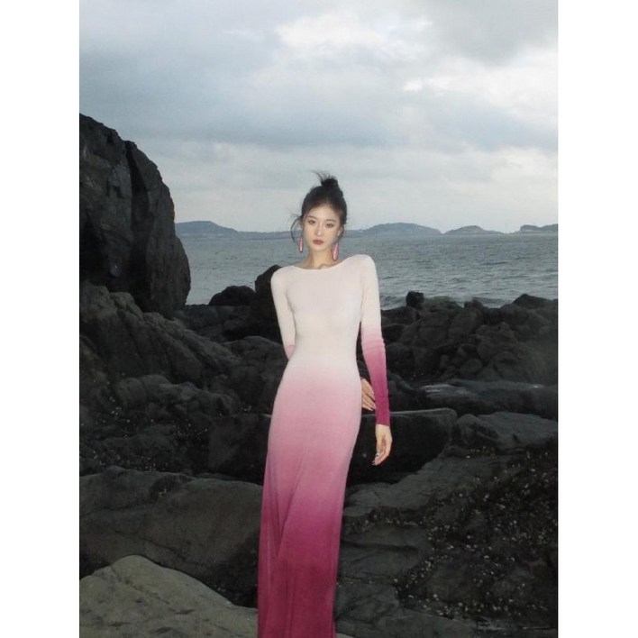 해피유통 여성 나염 그러데이션  고급 뒤판 펀칭 롱스커트jhzhq