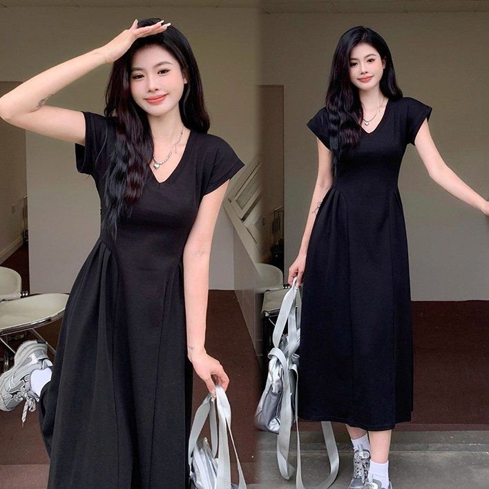 Akimu 봄 여름 반팔 원피스 브이넥 베이직 여름 원피스