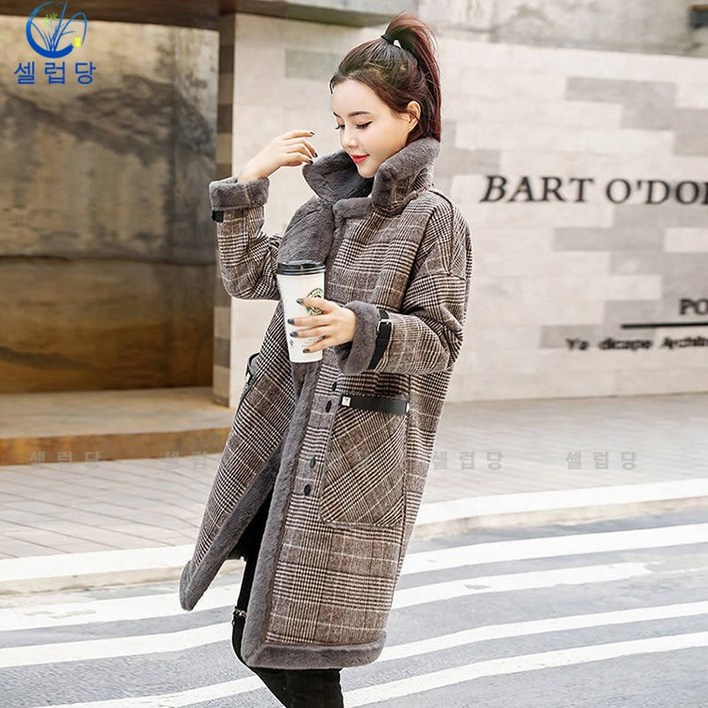 셀럽당 추동 보디히트 코트 여성복 빅사이즈 미디엄 롱 체크 면 옷 방한 모직 코트