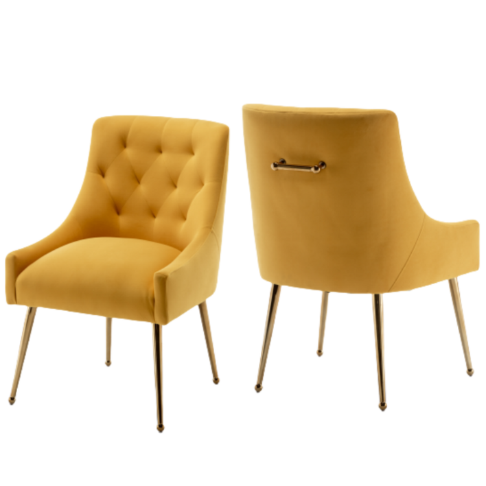 현대적인 벨벳 식탁 의자 골드 다리 디자인, 우아한 버튼 장식 포인트 체어, 거실 대기실 서재용, 옐로우, 2개
