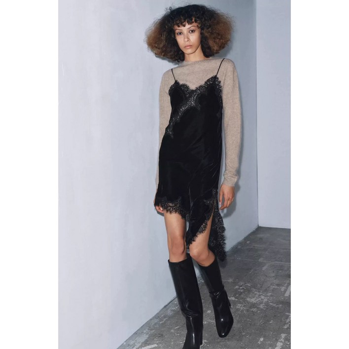 ZARA 여성 블랙 레이스 언발 슬립 니트 레이어드 원피스