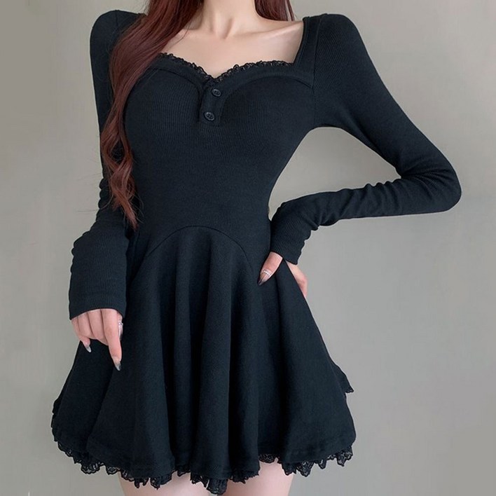 besteffie 여성용 가을 겨울 미니 원피스 긴팔 니트 슬림핏 원피스 레이스 프릴 디테일 버튼 장식 스웨터 드레스 K98