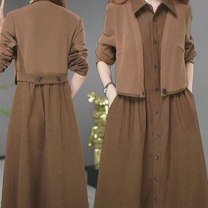 간절기 루즈핏 카라원피스 니트패치 레이어드 플레어 롱원피스 중년여성의류 40대50대