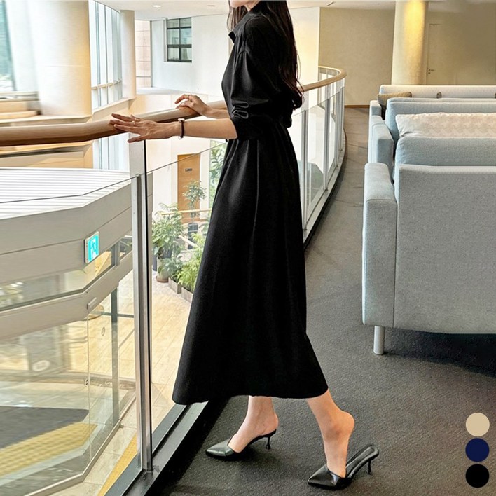 끌로이 여성 카라원피스 롱원피스 여자 루즈핏원피스 결혼식 하객룩 허리조절 긴팔원피스