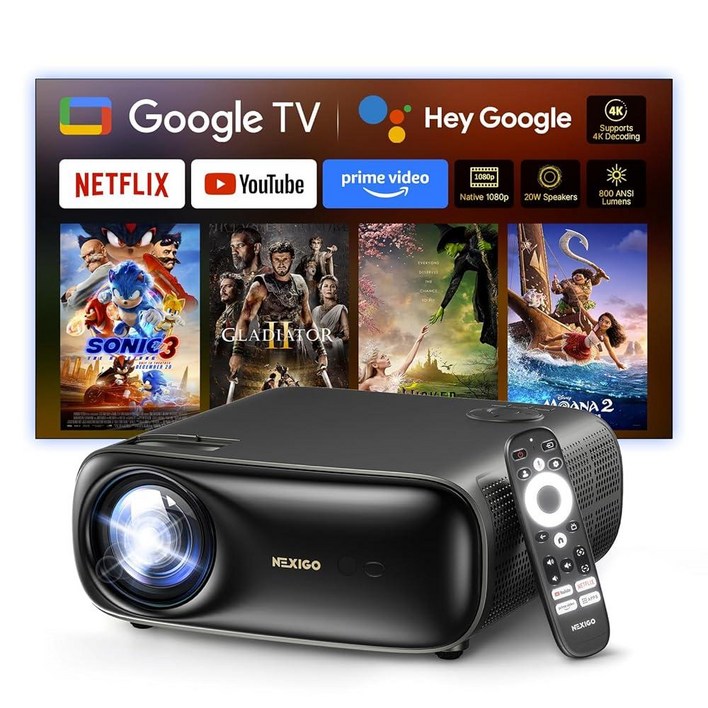 NexiGo PJ40 프로 구글 TV 프로젝터, 네이티브 1080p, 4K 지원, AI 이미지 향상, 800 ANSI 루멘, 자동 키스톤이 있는 스마트 프로젝터, 20W 스피커