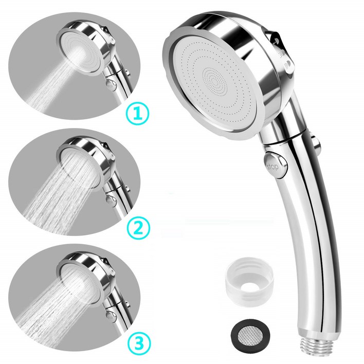 LYDIA 기능성 절수 온오프 3단 조절 수압상승 샤워기 헤드 실버