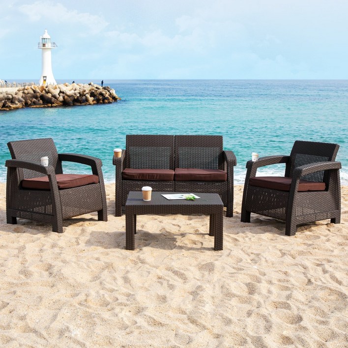 브릭스 4인 야외 라탄 테이블 소파 세트 정원 카페, 그레이, 일반 2 + 벤치 1