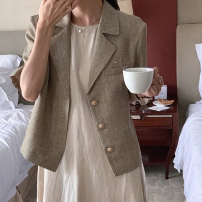 UPPERCUT 자체제작 여성 베이직 린넨라이크 반팔자켓 빅사이즈