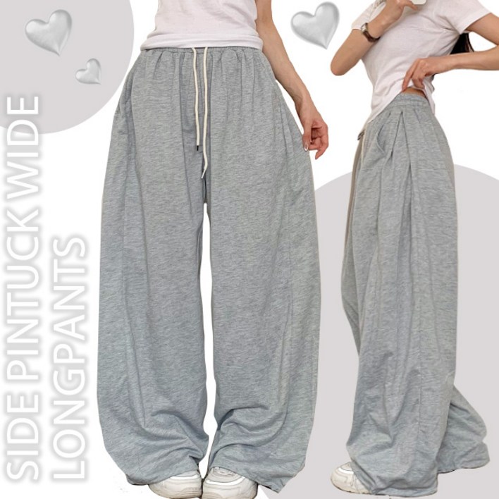 파쿠 여름 버전 입고 사이드 핀턱 와이드 롱 팬츠 밴딩 트레이닝 밑단스트링