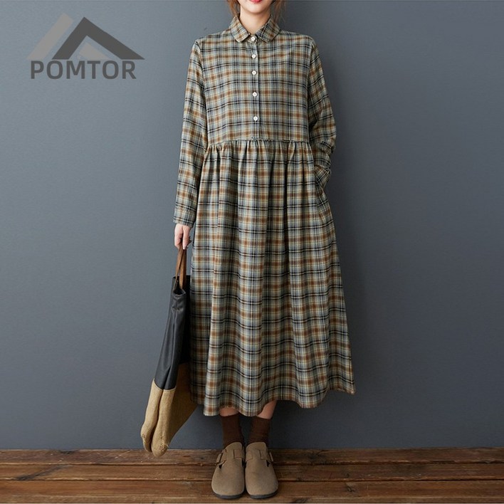 POMTOR 여성 체크 원피스 루즈핏 빅사이즈 봄 가을 원피스