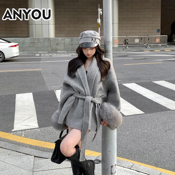 ANYOU 여성 핸드메이드 코트 울100  겨울 파이로 로브 벨트 코트 댄리블 빅사이즈여성의류 겨울  코트 트렌치코트