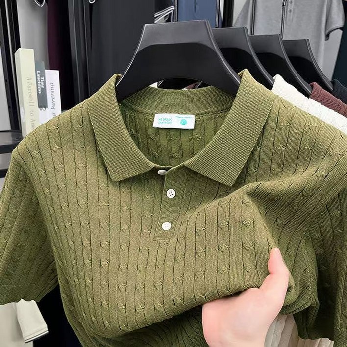 남성 세련된 봄 여름 과배기 반팔 니트 카라 티셔츠