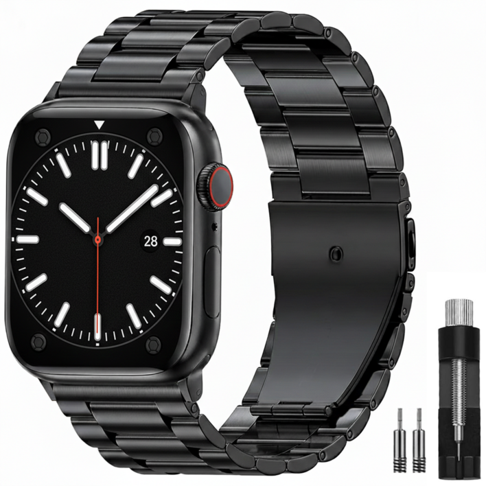 OULUOQI 애플워치 갤럭시워치 호환 메탈 밴드 스트랩 3연 스테인리스 쥬빌레 교체 스트랩 / 탄성 메탈 밴드, 1개, 블랙