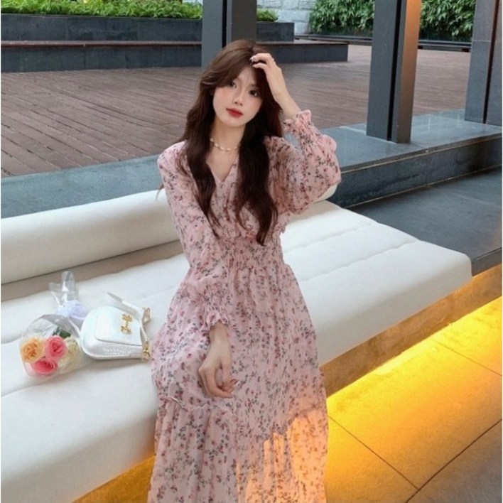 여성 쉬폰 플라워  롱원피스 브이넥 허리 라인 슬림 봄 가을 겨울 원피스 셔링 데이트룩 빅사이즈 원피스2xl