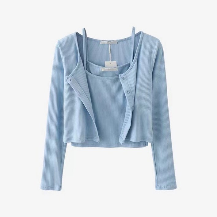 TIMEPURE 여성 골지 니트 크롭 가디건 나시 투피스 세트